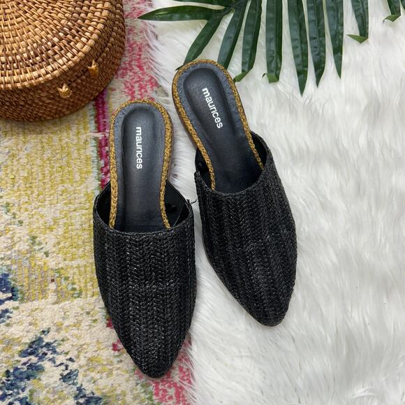 Maurices Black Mule 8 Woven Rattan Slip On Boho Casual Summer Neutral Minimalist - Picture 1 of 8